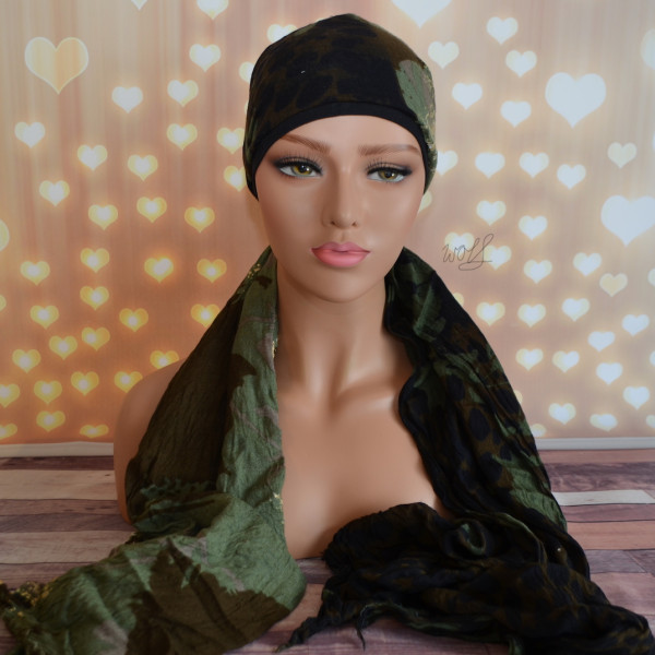 Handgemaakte chemo muts met sjaal Bella camouflage maat S.