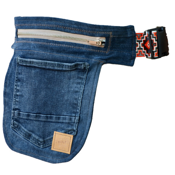 Heuptas handgemaakt van gebruikte jeans met rits en zak. Retro band.