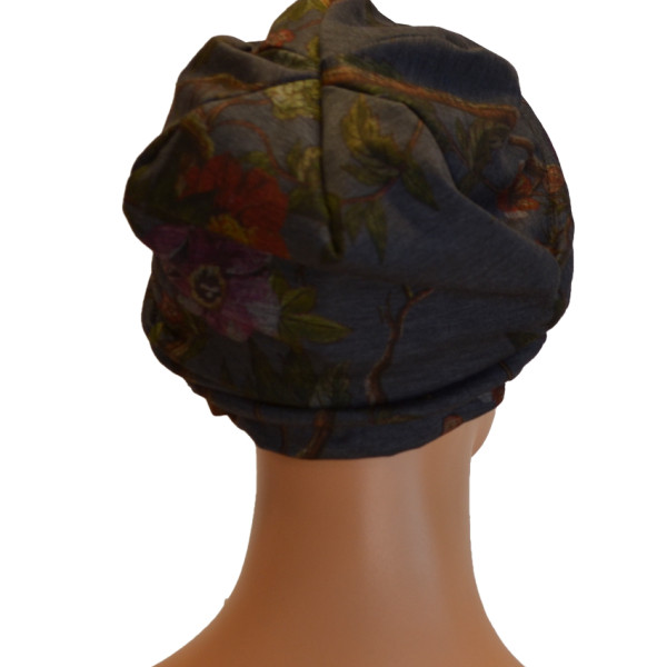 Handgemaakte chemo muts Bente grijs met bloemen maat S