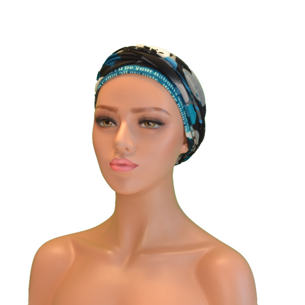 Handgemaakte chemo muts Betty turquoise zwart