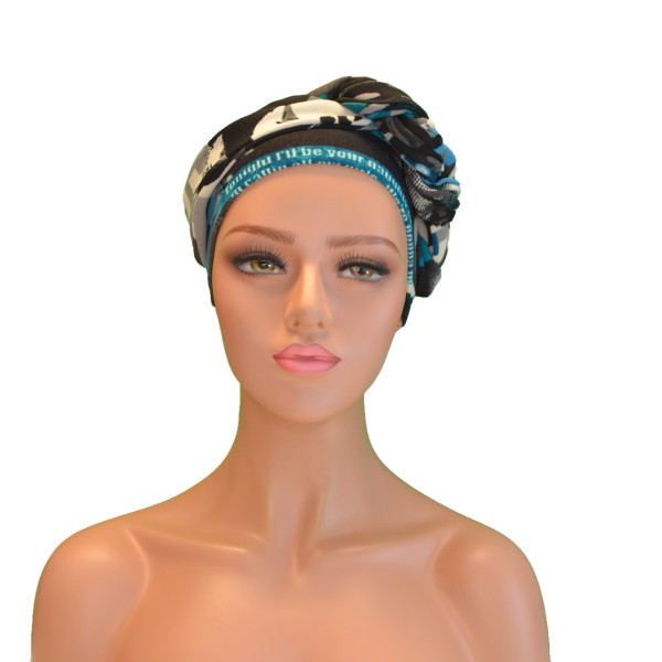 Handgemaakte chemo muts Betty turquoise zwart