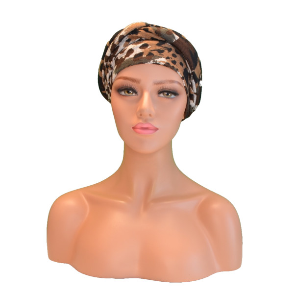 Handgemaakte chemo muts Betty bruin grijs dierenprint maat M
