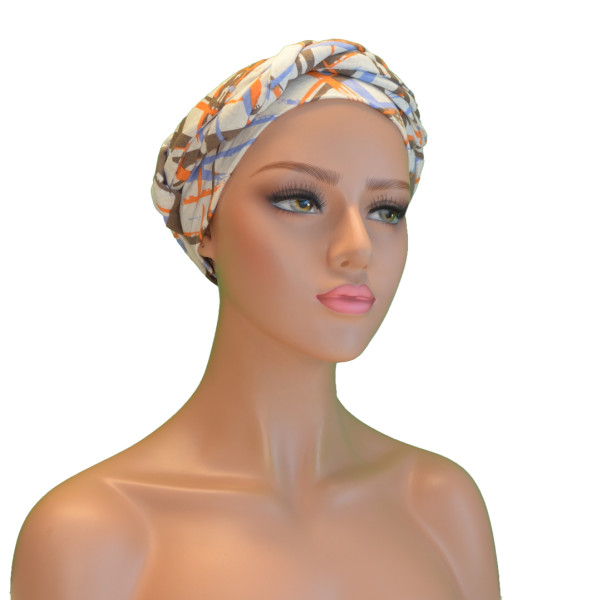 Handgemaakte chemo muts Betty creme oranje blauw maat M