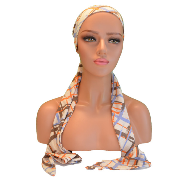Handgemaakte chemo muts Betty creme oranje blauw maat M