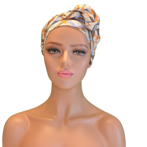 Handgemaakte chemo muts Betty creme oranje blauw maat M