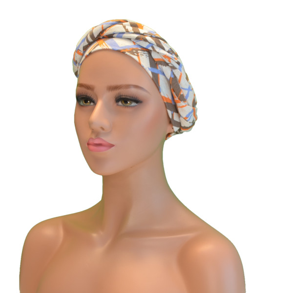 Handgemaakte chemo muts Betty creme oranje blauw maat M