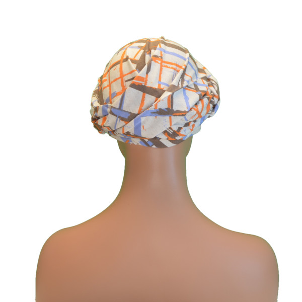 Handgemaakte chemo muts Betty creme oranje blauw maat M