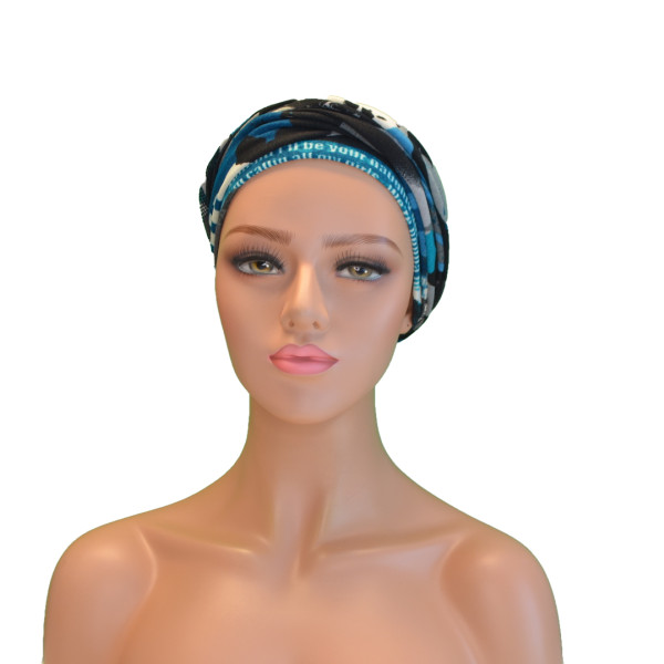 Handgemaakte chemo muts Betty turquoise zwart