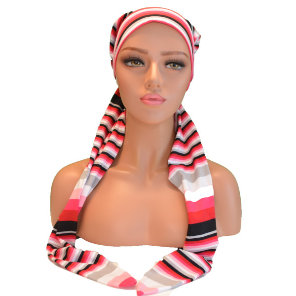 Handgemaakte chemo muts Betty roze wit zwart maat S