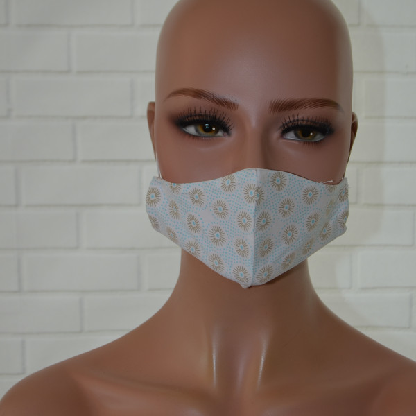 Mondkapje of gezichtsmasker wit met blauwe stip en grijze bloem