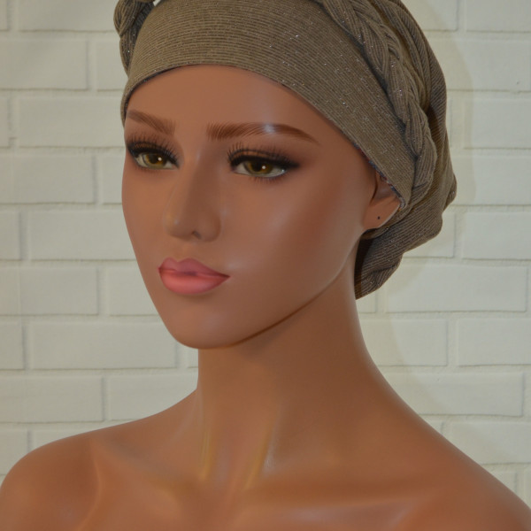 Handgemaakte chemo muts Buffy blauw en camel maat M