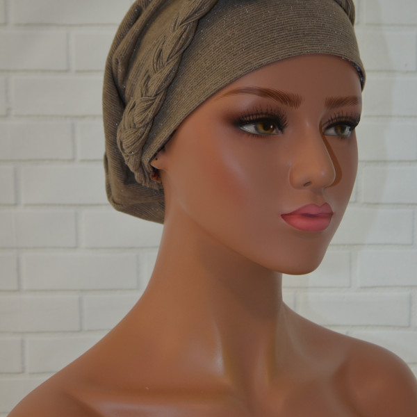 Handgemaakte chemo muts Buffy blauw en camel maat M