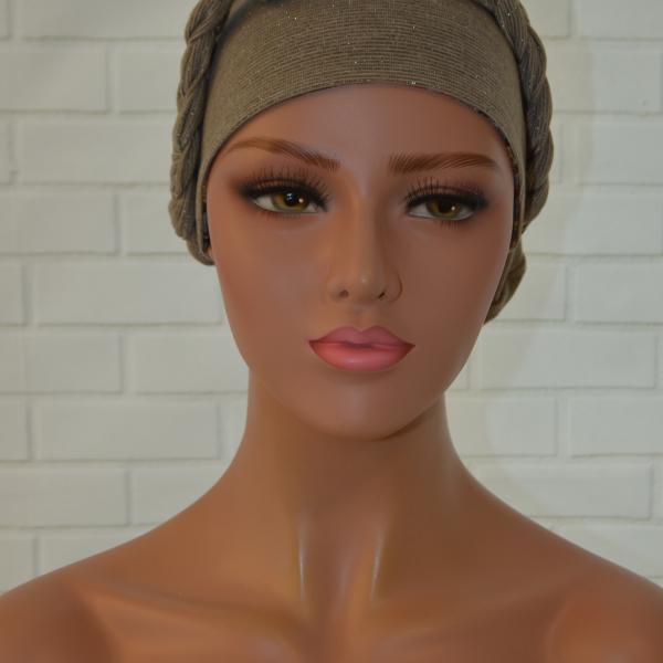 Handgemaakte chemo muts Buffy blauw en camel maat M