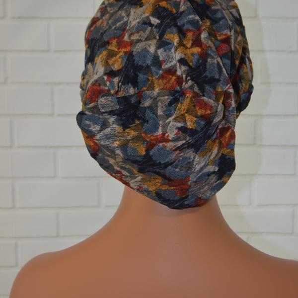 Handgemaakte chemo muts Buffy blauw en camel maat M