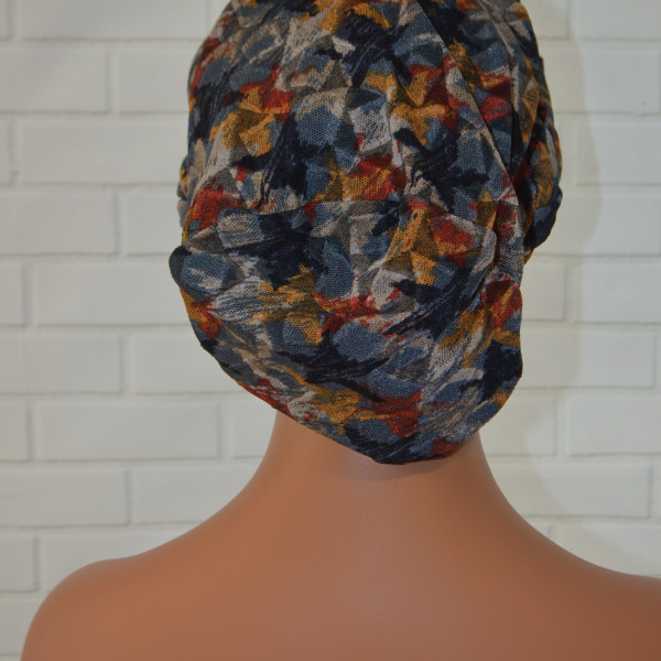 Handgemaakte chemo muts Buffy blauw en camel maat M