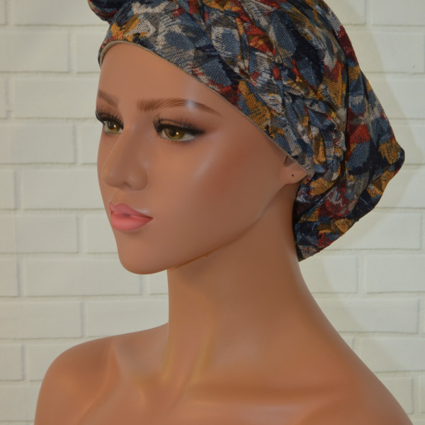 Handgemaakte chemo muts Buffy blauw en camel maat M