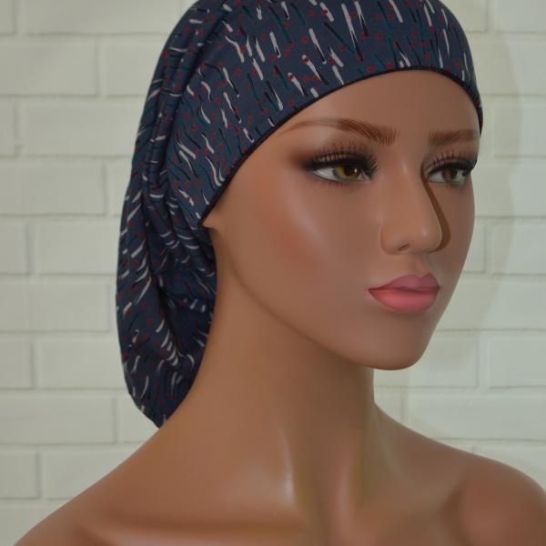 Handgemaakte chemo muts Bonnie zwart en jeans tinten maat s