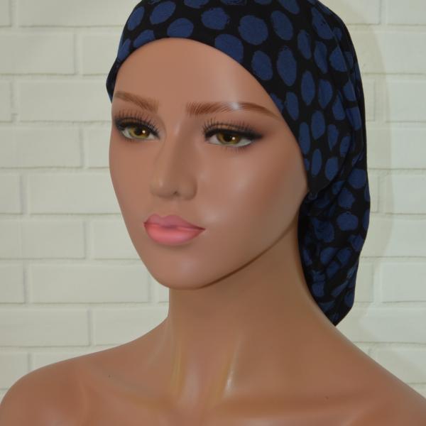 Handgemaakte chemo muts Bonnie zwart blauw tinten maat M