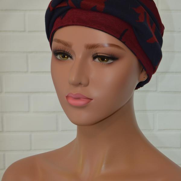 Handgemaakte chemo muts Brina bordeaux blauw/blauw bordeaux maat M
