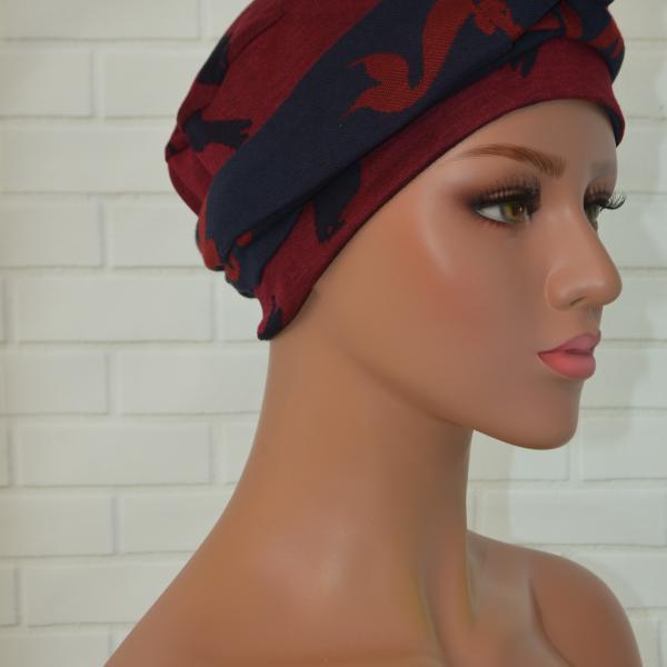 Handgemaakte chemo muts Brina bordeaux blauw/blauw bordeaux maat S