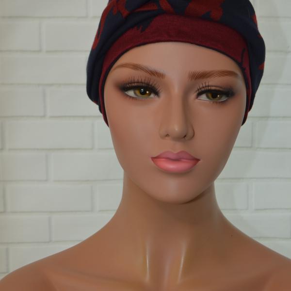 Handgemaakte chemo muts Brina bordeaux blauw/blauw bordeaux maat S