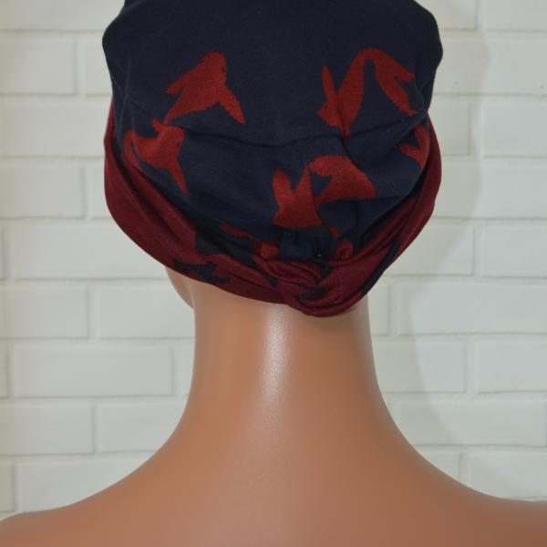 Handgemaakte chemo muts Brina bordeaux blauw/blauw bordeaux maat S