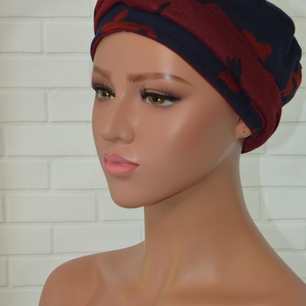 Handgemaakte chemo muts Brina bordeaux blauw/blauw bordeaux maat S