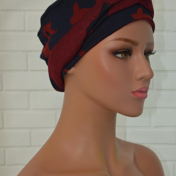 Handgemaakte chemo muts Brina bordeaux blauw/blauw bordeaux maat M