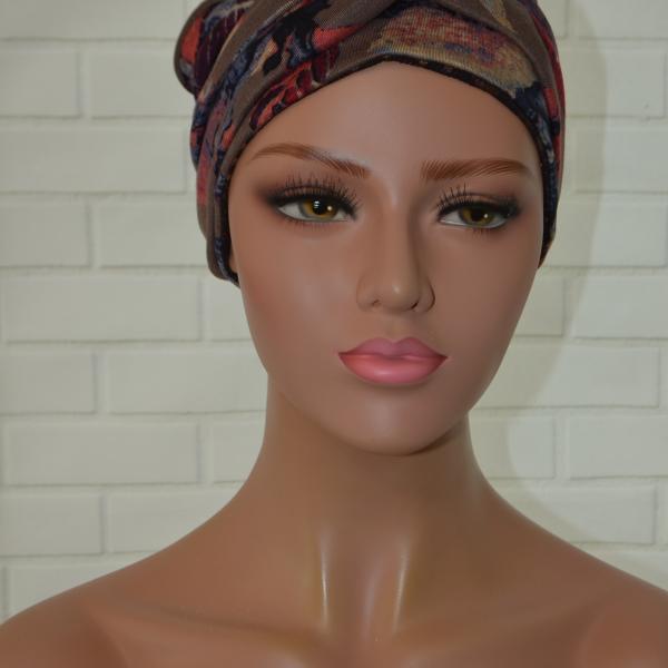 Handgemaakte chemo muts Brina grijs/blauw en bordeaux rood met glitter maat L