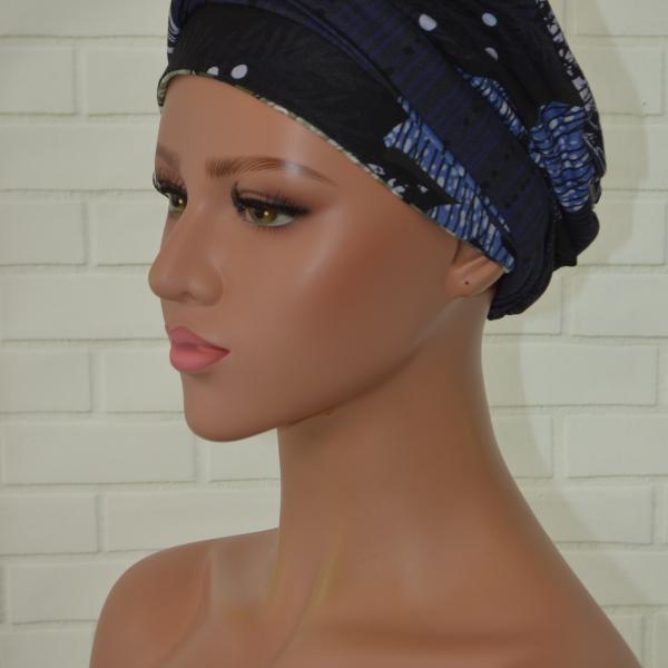 Handgemaakte chemo muts Brina blauw wit / groen maat L