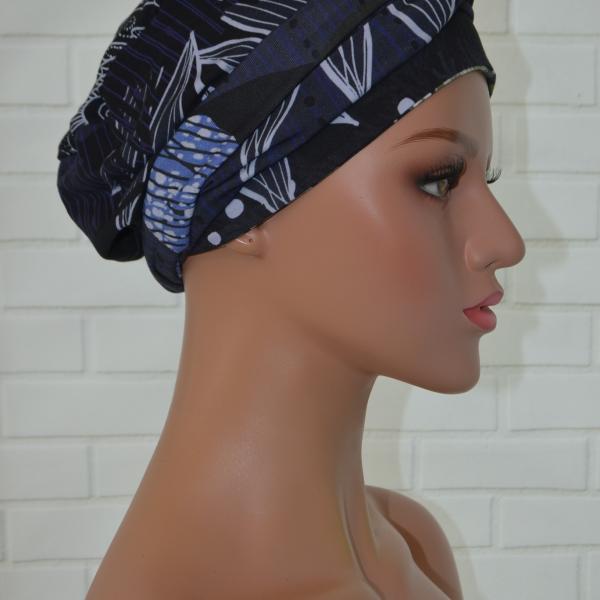 Handgemaakte chemo muts Brina blauw wit / groen maat L