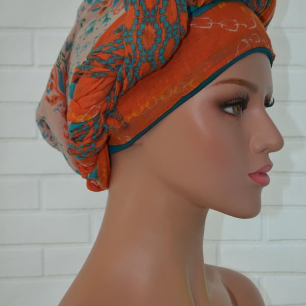Handgemaakte chemo muts met sjaal Bella groen oranje tinten maat L.