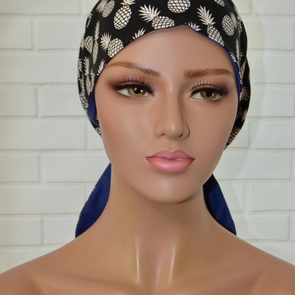 Handgemaakte chemo muts Bobby zwart annanas/blauw maat M