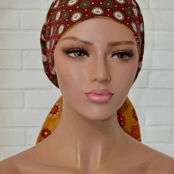 Handgemaakte chemo muts Bobby bordeaux/okergeel maat M
