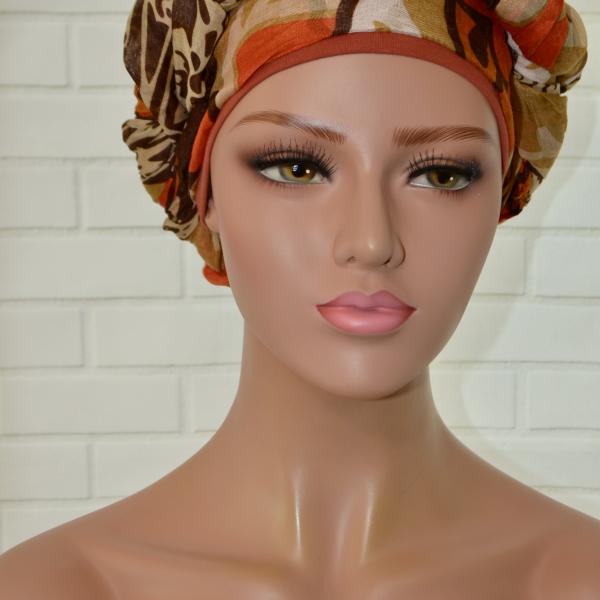 Handgemaakte chemo muts met sjaal Bella oranje bruin tinten maat M.