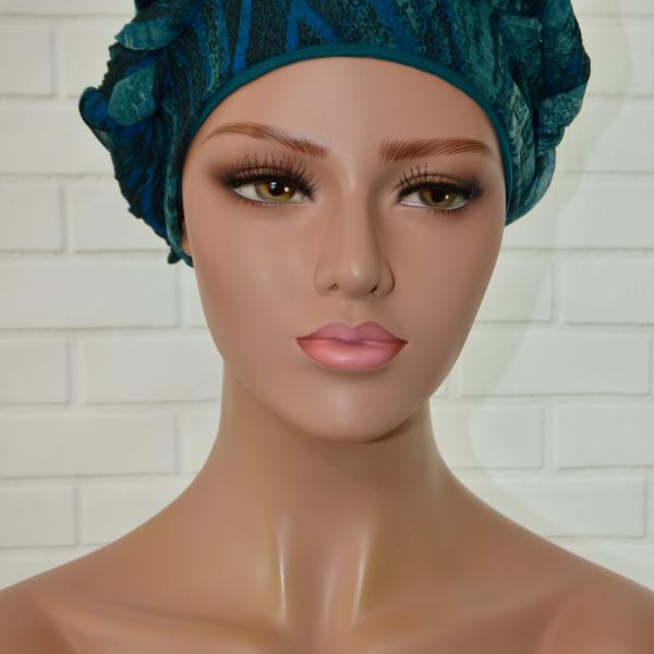 Handgemaakte chemo muts met sjaal Bella turquoise tinten maat M.
