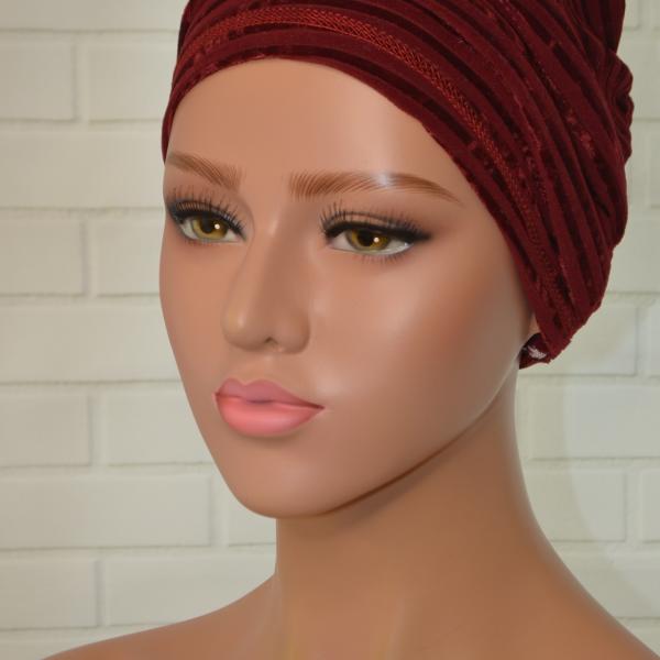 Handgemaakte chemo muts Bente bordeaux fluweel maat L