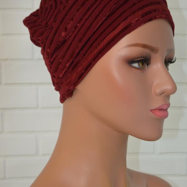 Handgemaakte chemo muts Bente bordeaux fluweel maat L