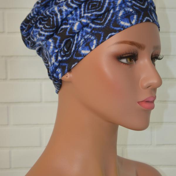 Handgemaakte chemo muts Bente Blauw wit maat M