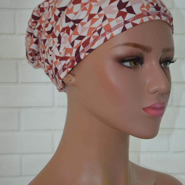 Handgemaakte chemo muts Babet wit met rood tinten maat L