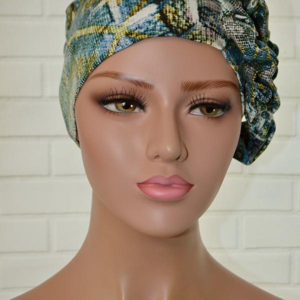 Handgemaakte chemo muts Beyonce groen en blauw maat M