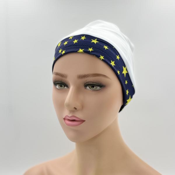 Badmuts chemomuts blauw met gele sterren one size