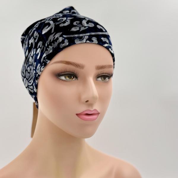 Handgemaakte dubbele slaapmuts in velours blauw met zilver