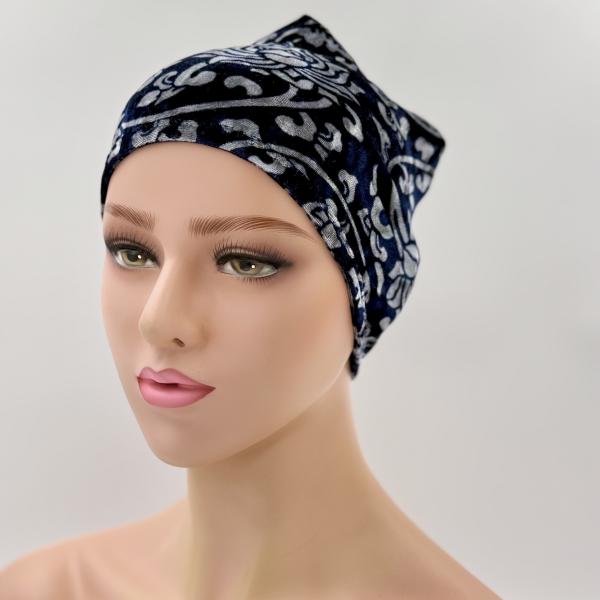 Handgemaakte dubbele slaapmuts in velours blauw met zilver