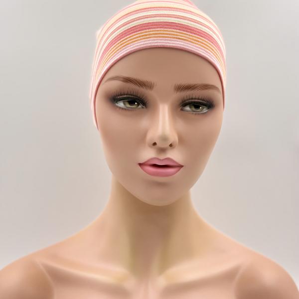 Handgemaakte dubbele slaapmuts roze oranje streep