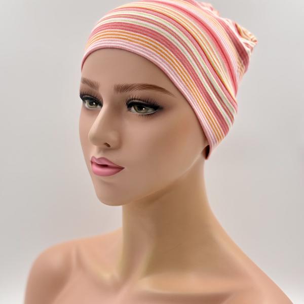 Handgemaakte dubbele slaapmuts roze oranje streep