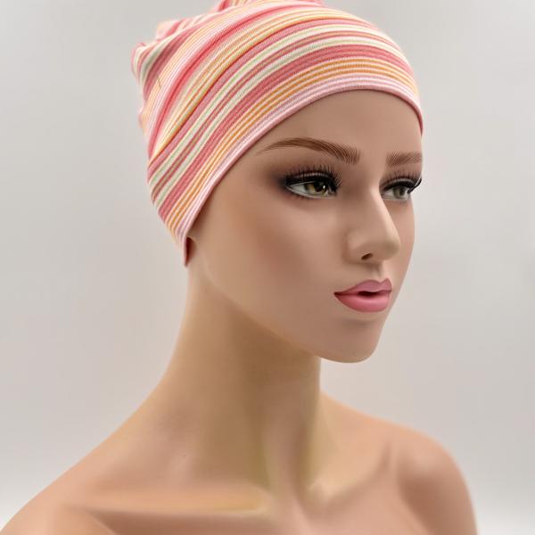 Handgemaakte dubbele slaapmuts roze oranje streep