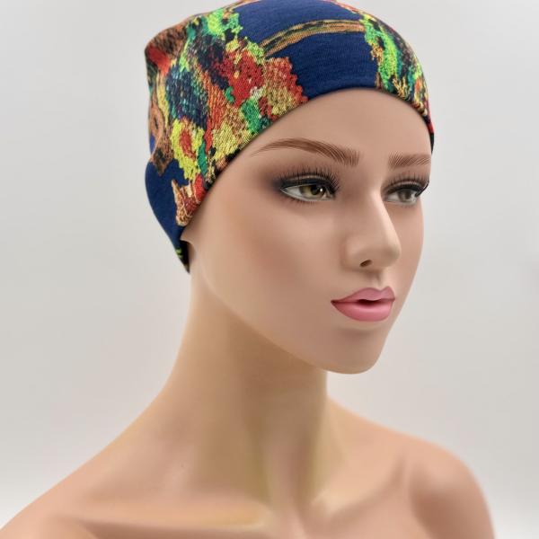Handgemaakte dubbele slaapmuts blauw met kleurtjes