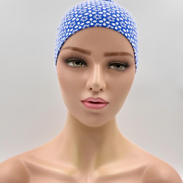 Handgemaakte dubbele slaapmuts blauw wit
