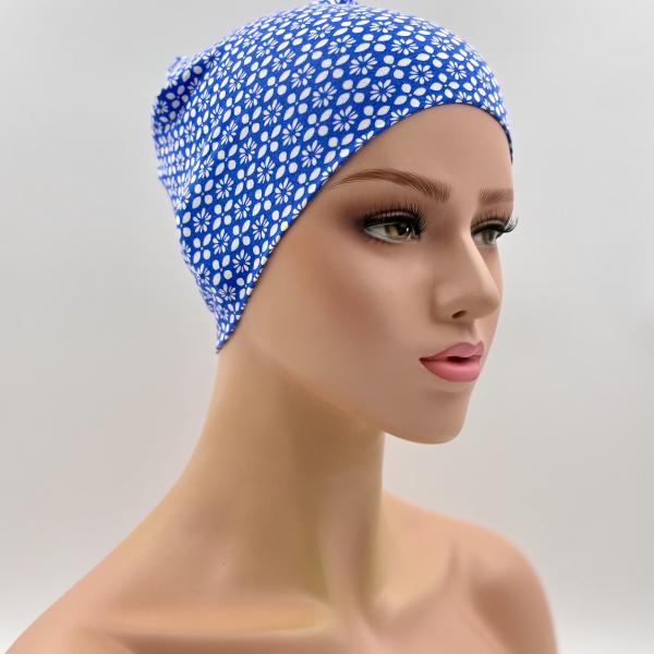 Handgemaakte dubbele slaapmuts blauw wit